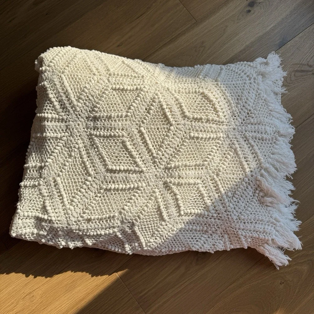 Vtg Hand Crocheted Bedspread Coverlet Floral Stitch Boho Cottage Bed Fringe